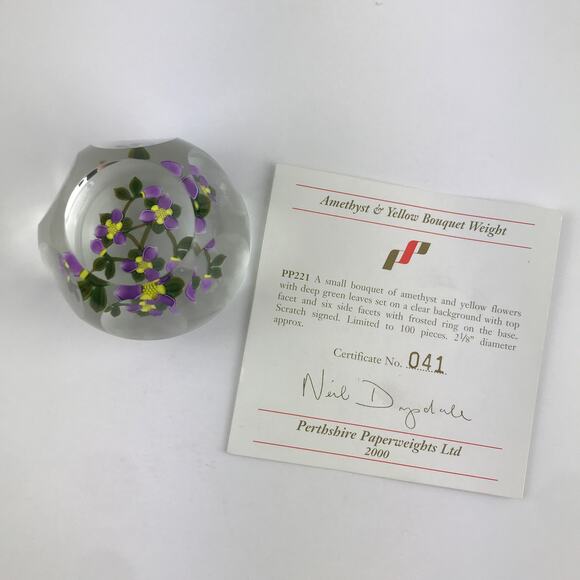 Perthshire PP221 2000 Amethyst & Yellow Flower Bouquet Faceted Paperweight Cert - Picture 2 of 16